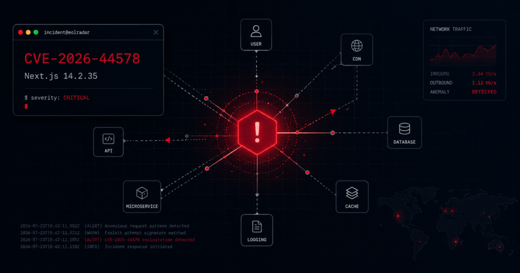 CVE-2026-44578 in Next.js 14.2.35 shown as a red compromised node in a network graph for self-hosted SSRF risk