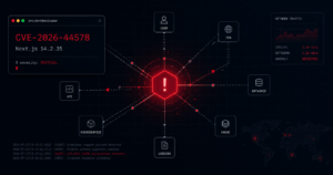 CVE-2026-44578 in Next.js 14.2.35 shown as a red compromised node in a network graph for self-hosted SSRF risk