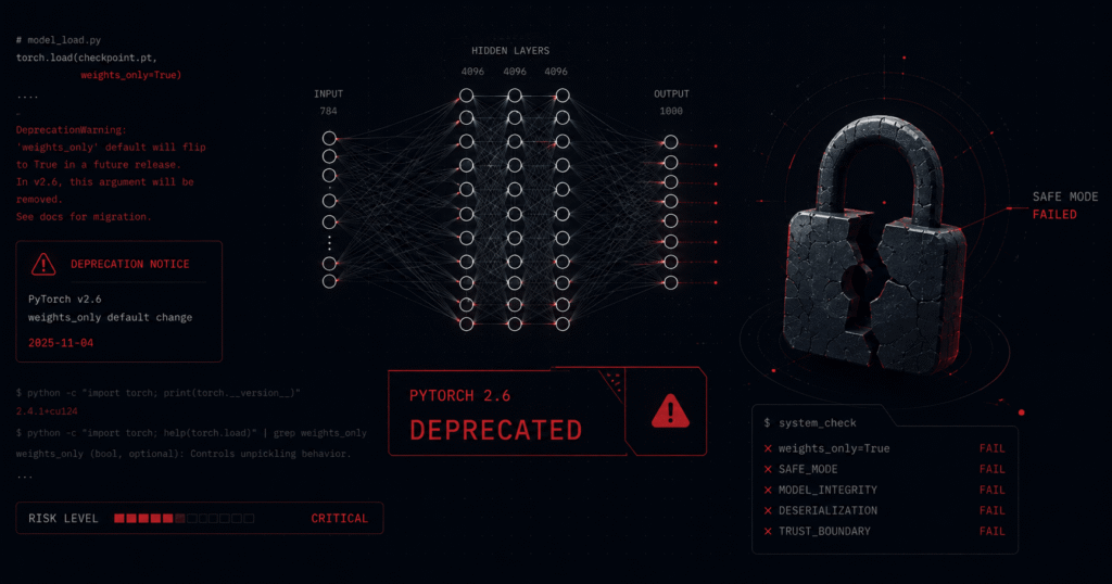 Cracked padlock over GPU cluster diagram illustrating the torch.load vulnerability in PyTorch
