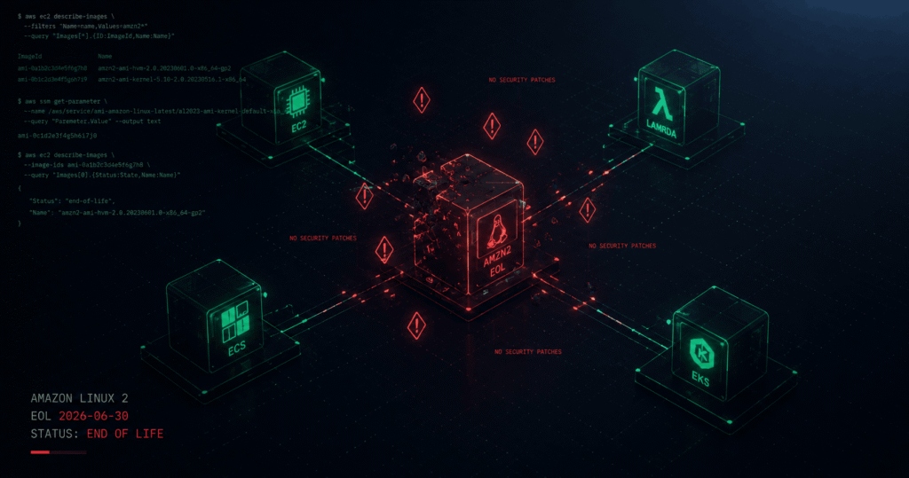 Amazon Linux 2 end of life June 30 2026 — decaying cloud infrastructure node cluster showing EOL status — EOLRadar