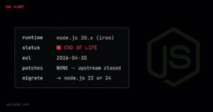 Node.js 20 EOL alert showing end of life date April 30 2026 with deprecated stamp — EOLRadar