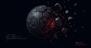 Decaying Node.js 25 runtime sphere fragmenting in dark space, red EOL status in JetBrains Mono | EOLRadar